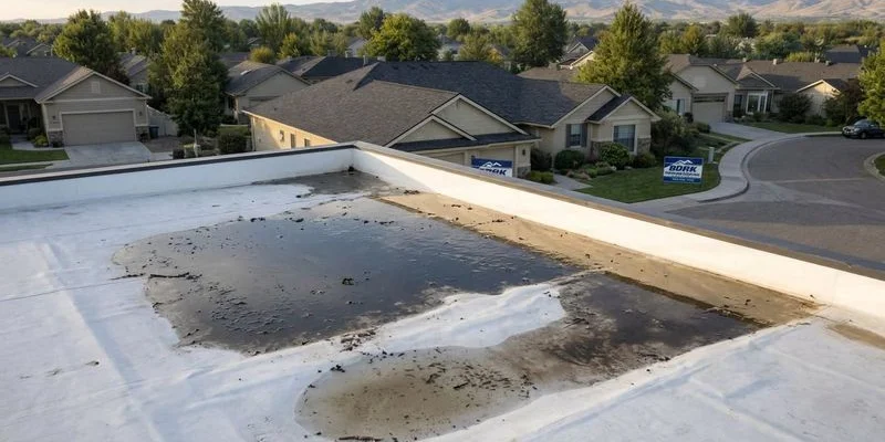 Aerial view of commercial flat roof with multiple areas of ponding water visible after rain indicating drainage problems and settling