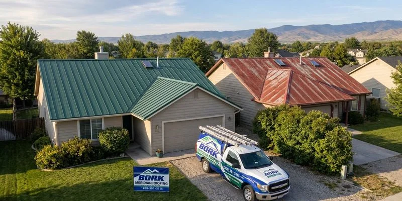 Aerial view of two neighboring Idaho homes one with standing seam metal roof and one with corrugated metal panels for comparison