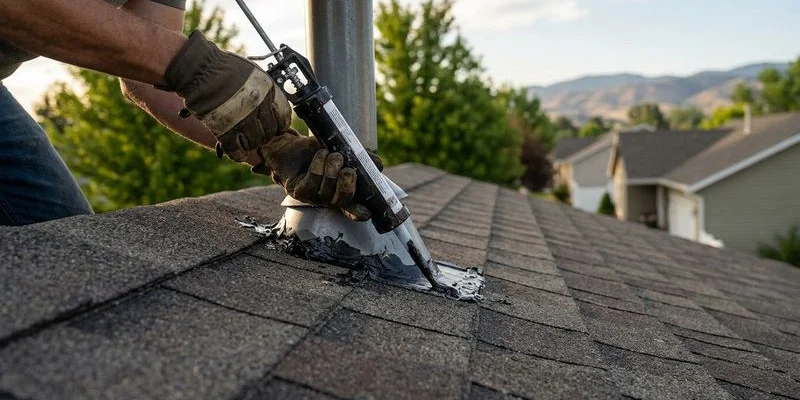 Close up of homeowner applying roofing cement with caulking gun to seal minor crack around a roof vent pipe boot