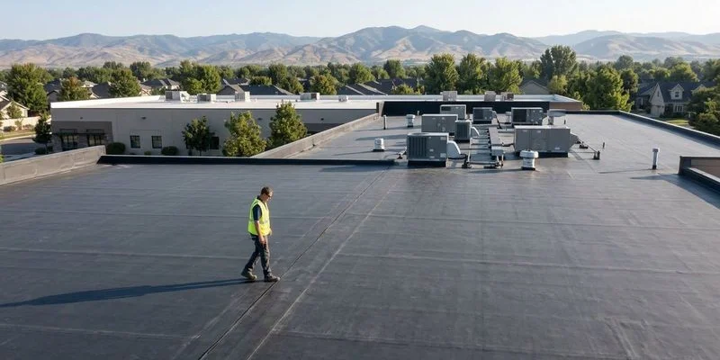 Commercial building flat roof being inspected by maintenance professional checking membrane condition and drainage around rooftop units