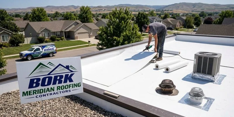 Completed commercial flat roof installation with clean white TPO membrane and properly sealed penetrations around HVAC equipment