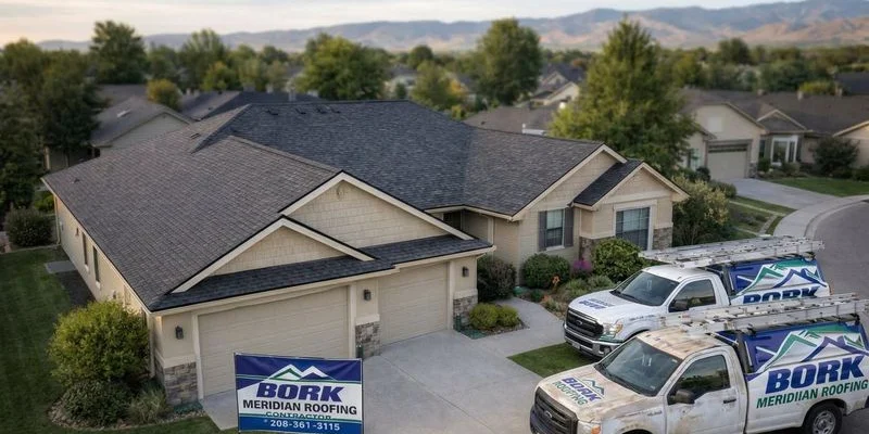 Completed roof replacement on a Meridian Idaho home showing clean new architectural shingles with proper ridge cap installation