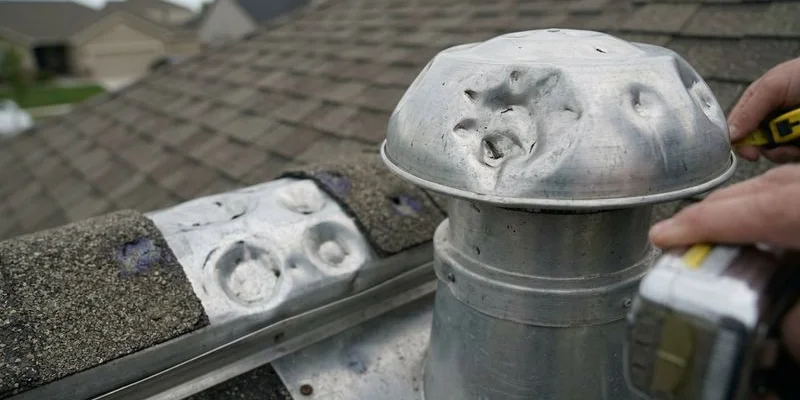 Dented aluminum roof vent and gutter showing clear circular hail impact marks as evidence of significant hailstone size and force