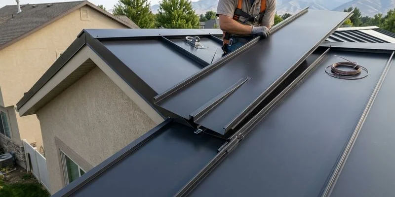 Detail view of standing seam metal roofing panel profile showing the raised interlocking seam and concealed fastener system