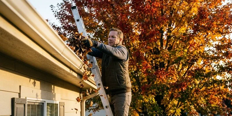 Homeowner clearing fall leaves from gutters on ladder with Idaho autumn foliage in background preparing for winter season