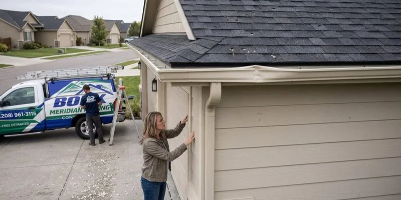 Homeowner conducting ground level assessment of property after hailstorm looking at siding damage and checking gutters for dents