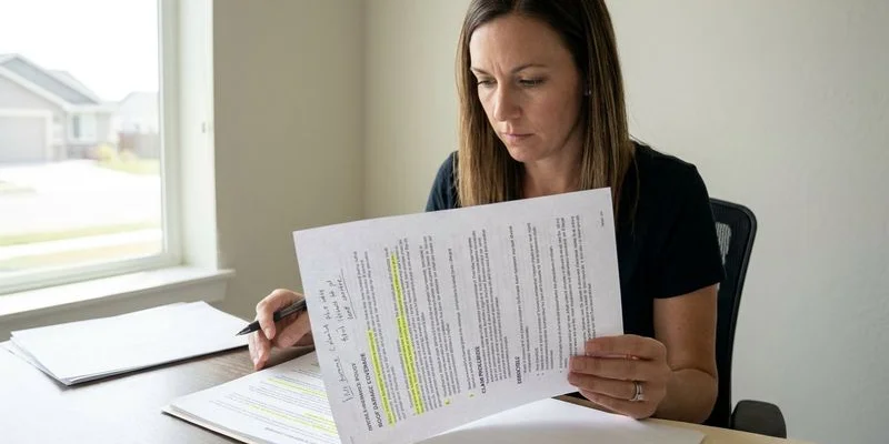 Homeowner reading through insurance policy documents at desk with highlighted sections about roof damage coverage and deductible amounts