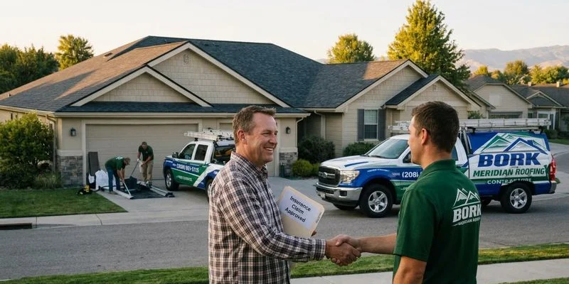 Homeowner shaking hands with local roofing contractor in front of home with newly replaced roof after successful insurance claim