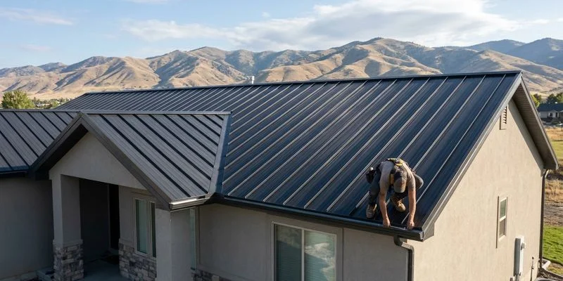 Installed standing seam metal roof on an Idaho home showing clean lines and modern appearance with mountain backdrop