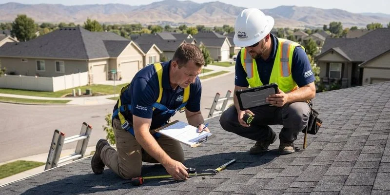 Insurance adjuster and roofing contractor on roof together inspecting hail damage and comparing notes on scope of repair work needed