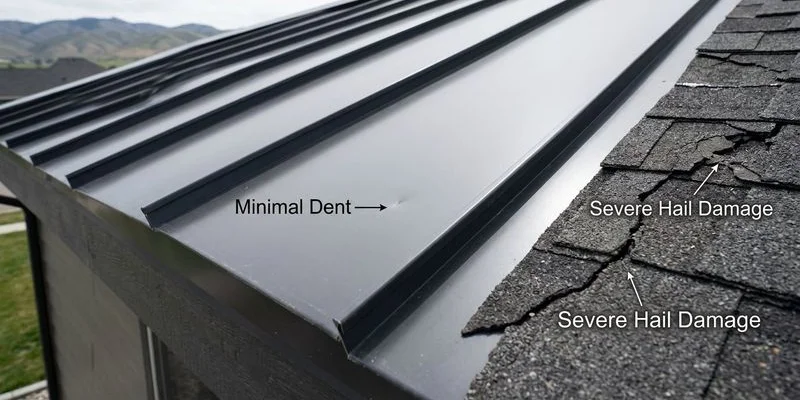 Metal roof panel after hail impact testing showing minimal denting compared to damaged asphalt shingles from same storm