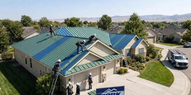 Professional roofing crew installing standing seam metal panels on residential home in Meridian Idaho neighborhood