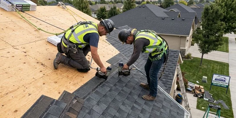 Professional roofing crew with safety harnesses working on steep residential roof replacement in Meridian Idaho subdivision