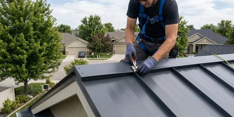 Roofer carefully installing standing seam metal panels on residential home with precision tools and safety equipment in Idaho
