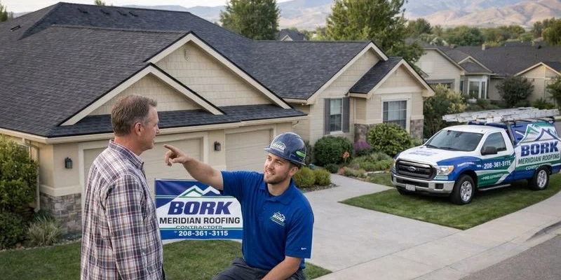 Damon Bork providing honest roof repair assessment to Treasure Valley homeowner standing in front of residential home