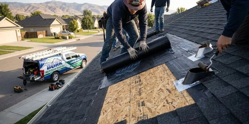Roofing crew installing ice and water shield underlayment on exposed roof decking during a residential roof replacement in Idaho