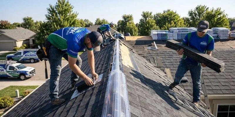 Roofing crew installing new architectural shingles on a Meridian Idaho home with visible ridge vent and flashing details