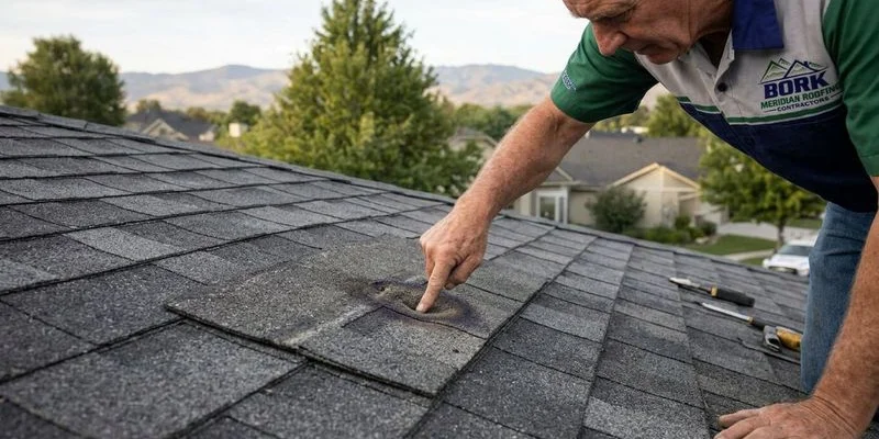Roofing inspector pressing on asphalt shingle to demonstrate soft spot from hail impact bruising compared to undamaged shingle area