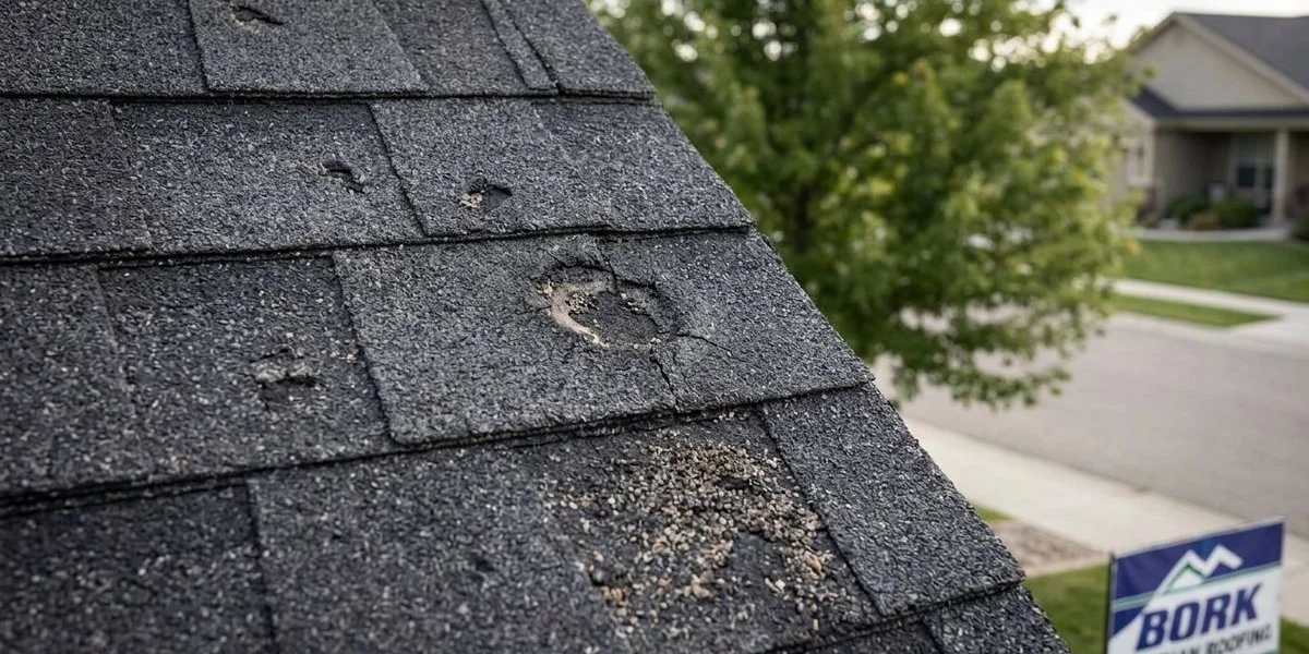 Close up of hail damage on asphalt shingle showing bruising granule loss and cracking