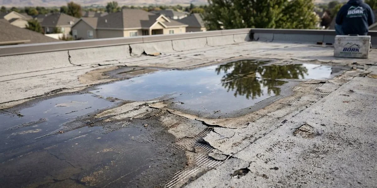 Commercial flat roof showing ponding water and membrane deterioration warning signs