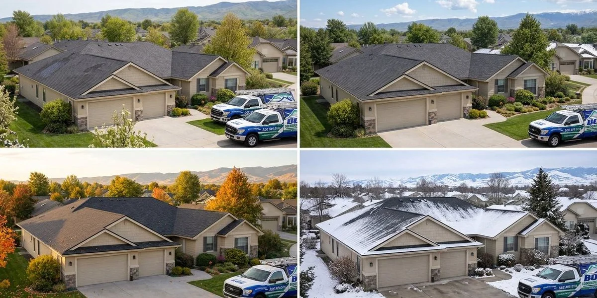 Four season collage showing an Idaho home roof in spring, summer, fall, and winter conditions throughout the year