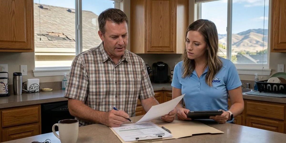 Homeowner and insurance adjuster reviewing roof damage claim paperwork at Idaho home