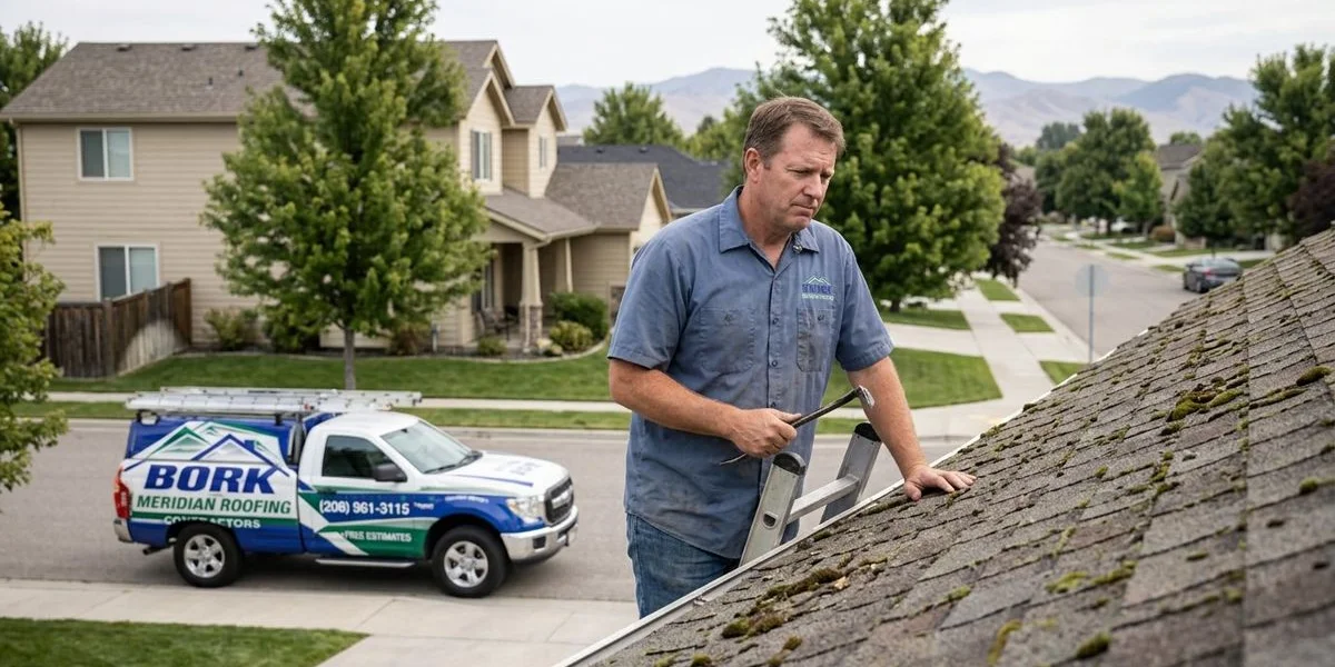 Homeowner standing on a ladder looking at their roof considering whether to attempt a DIY repair or call a professional roofer