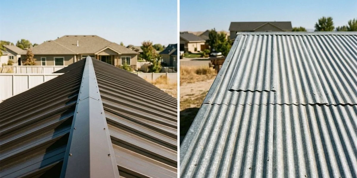 Side by side close up comparison of standing seam metal panels and corrugated metal roofing texture and profiles