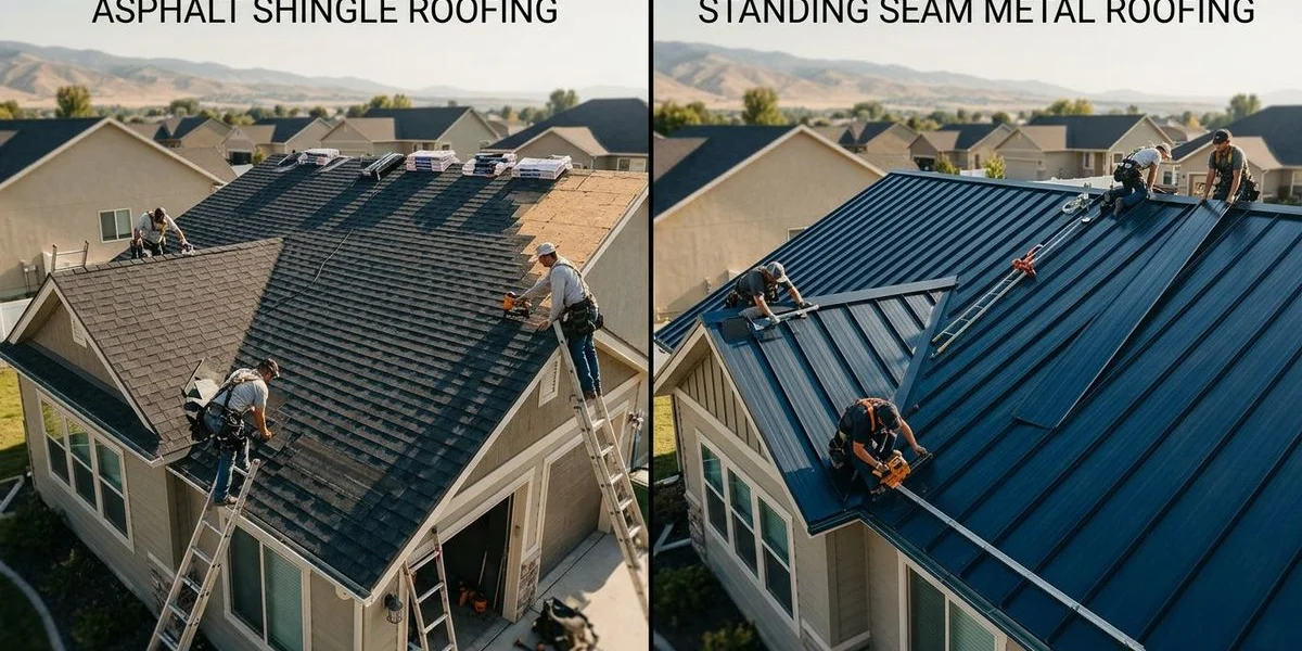 Side by side comparison of asphalt shingle roof and standing seam metal roof on Idaho homes