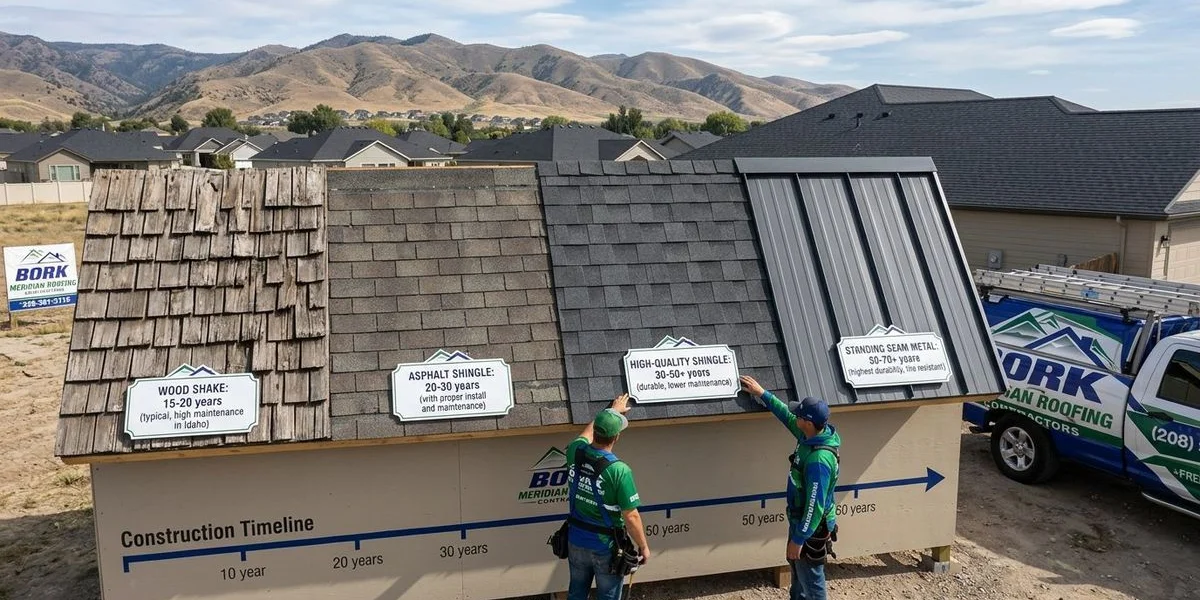 Timeline comparison graphic showing different roofing materials and their expected lifespan in Idaho's demanding climate